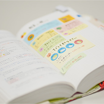 買い集めた食べ物のシールを参考書に貼る
